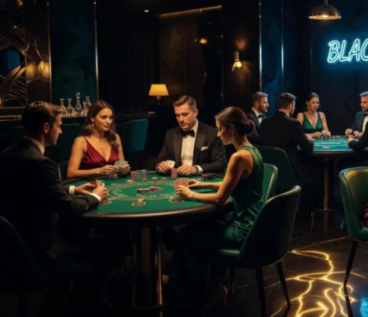 Stimmungsvolle Blackjack-Abendstimmung mit Lichtern und spielenden G&auml;sten