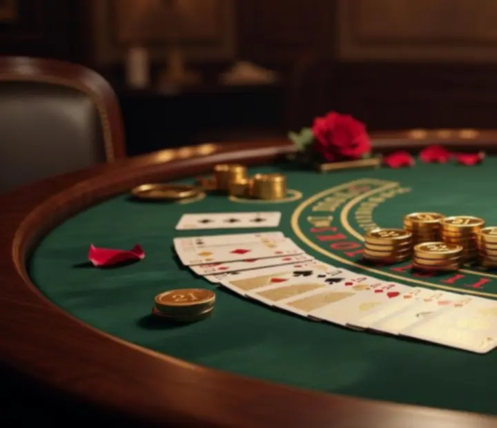 Detailaufnahme einer eleganten Blackjack-Tischdeko mit Karten und Jetons