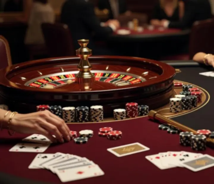 Dekorierte Poker-, Roulette- und Blackjack-Tische eines Casinoabends