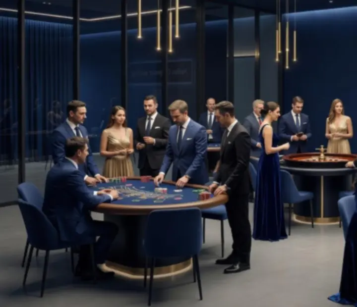 Eleganter Casinoabend bei einem Firmenevent mit Spieltischen und Gästen.