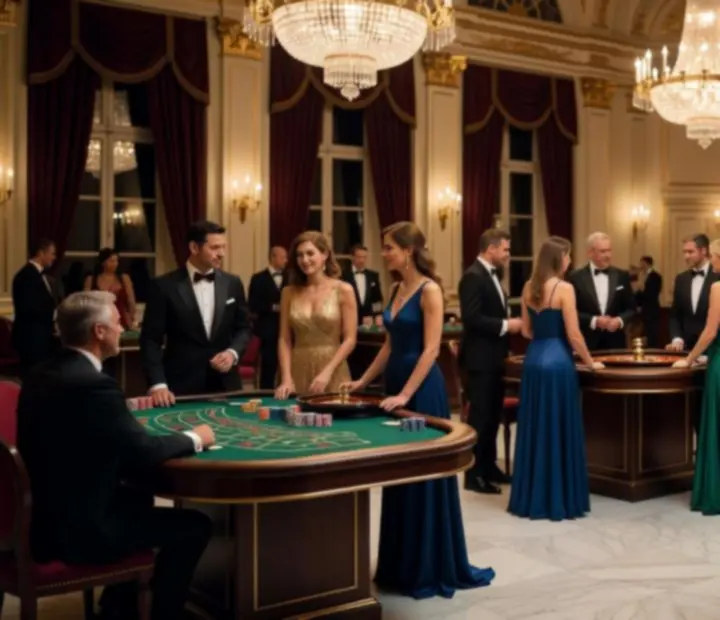 Eleganter Casinoabend mit Spieltischen, Jetons und stilvoll gekleideten G&auml;sten