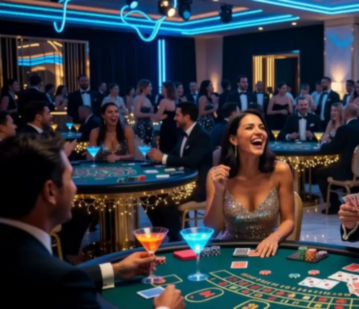 Stimmungsvolle Impressionen vergangener Casino-Events mit Gästen und Lichtstimmung.