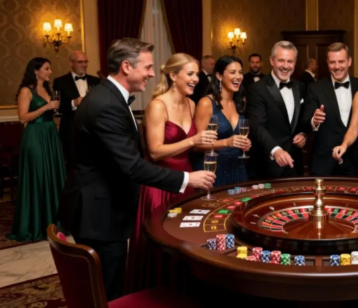 Gäste an Casino-Spieltischen in einer stimmungsvoll beleuchteten Location