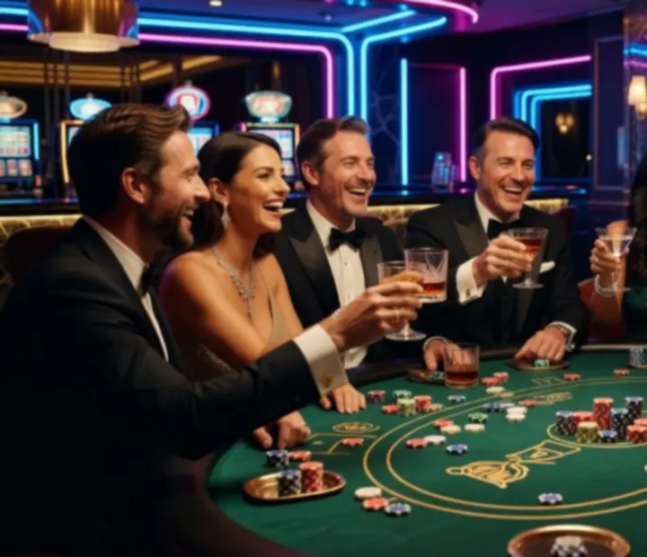 Detailaufnahme von Casinojetons und Spielkarten auf einem eleganten Tisch