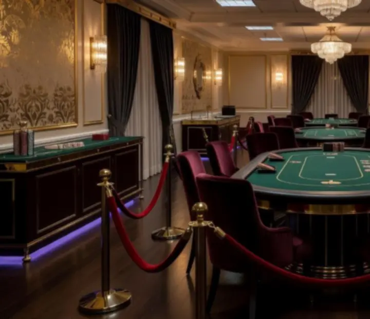 Vorher-Nachher-Darstellung: ein neutraler Raum wird zu einer stimmungsvollen Pokerlounge mit professionellen Tischen und Beleuchtung.