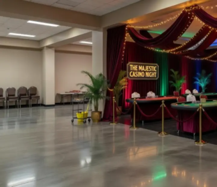 Vorher-Nachher-Ansicht einer Location, die in eine elegante Casino-Eventfläche verwandelt wurde