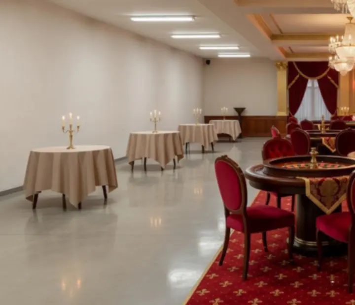 Vorher-Nachher-Inszenierung einer Eventlocation im Casino-Stil