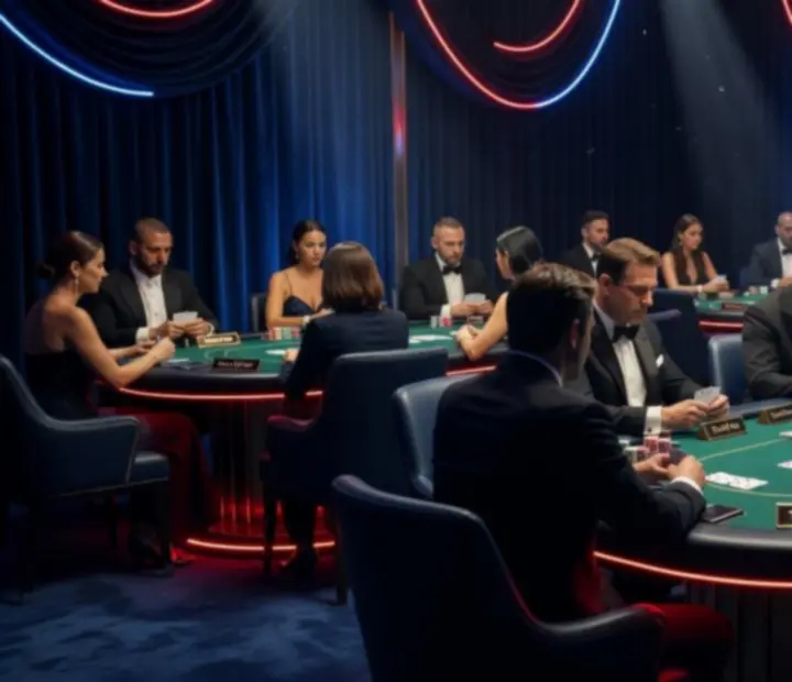 Cineastisch inszeniertes Pokerambiente mit stimmungsvoller Beleuchtung, Dekoration und eleganten Spieltischen.