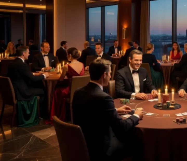 Eleganter Poker-Corporate-Abend mit Casino-Tischen, stilvoll gekleideten Gästen und atmosphärischer Beleuchtung.