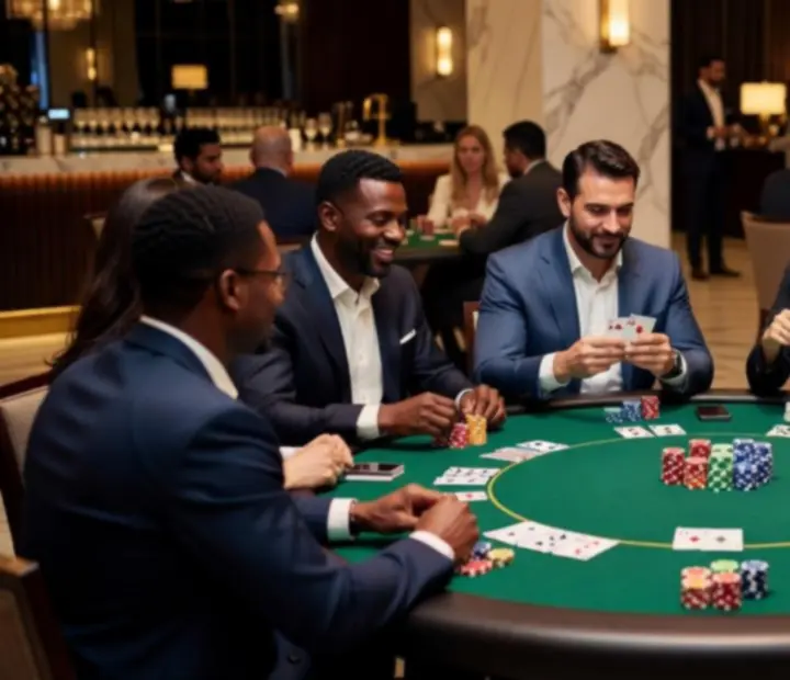 Poker-Firmenevent mit konzentrierten Teilnehmern an einem Spieltisch.