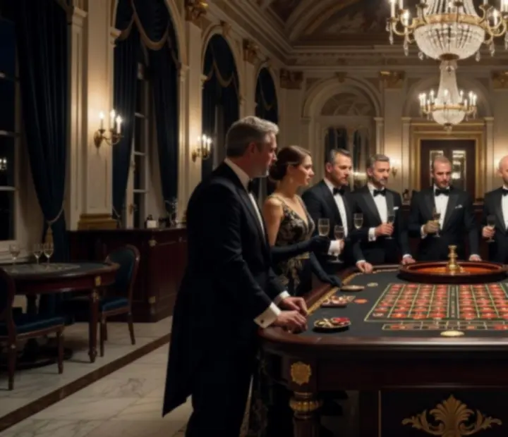 Eleganter Roulette-Abend mit stilvoll gedecktem Tisch und Gästen in Abendgarderobe