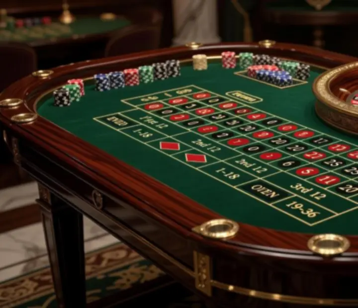 Detailaufnahme eines edlen Roulette-Tisches mit Jetons