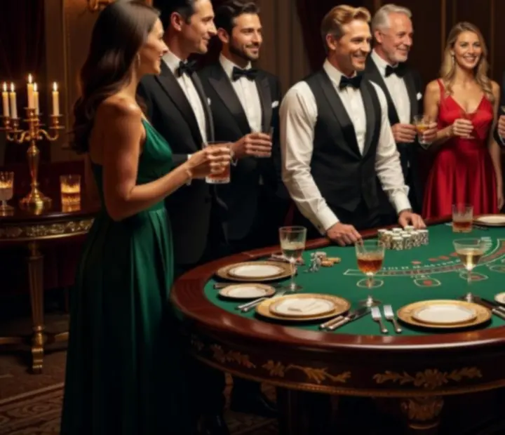 VIP-Privatfeier mit Casino-Flair und elegant gekleideten Gästen.